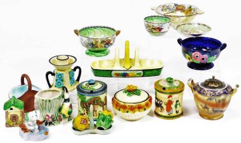 Various 20thC Marutomo, Noritake and Maling wares, to include chamber stick, cruet set, toast rack, jam pots and covers, etc. all brightly coloured. (23)