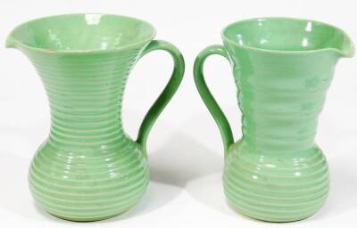 Various Bourne Denby and Lovatt Langley ewers and jugs, plus a flower vase, all green ground, c1930. (10) - 2