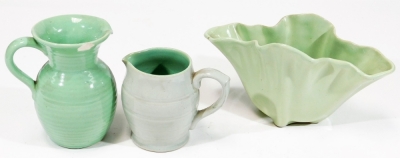 Various Bourne Denby and Lovatt Langley ewers and jugs, plus a flower vase, all green ground, c1930. (10) - 8