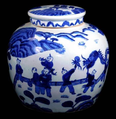 A 20thC Chinese blue and white pottery Ming type jar and cover, decorated with figures, dragons and buildings, with compressed lid, seal mark beneath, 28cm H.