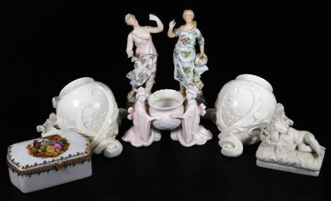 A pair of 19thC Royal Worcester wall pockets, each with vases and pierced scroll backs, no. H778, c1895, undecorated, 19cm H, a Parian figure of a sleeping cherub and a pair of 20thC continental figures of a lady and gentleman, each dressed in finery.