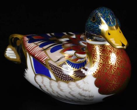 A Royal Crown Derby Duck paperweight ornament, gilt stopper, 9cm.