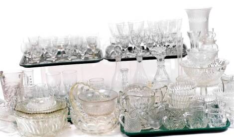 Various glassware, drinking glasses, vases, celery vase, 27cm H, measuring jugs, decanters to include a hobnail cut crystal example, various 19thC drinking glasses, etc. (a large quantity)