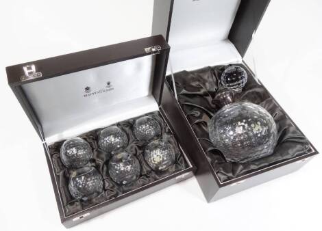 A Mappin & Webb boxed crystal decanter, with silver collar, orb shaped stopper and dimple body, 22cm H, (boxed), and a similar set of six Mappin & Webb drinking glasses. (2 boxes)