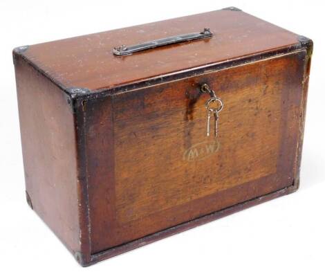 A late 19thC mahogany tool cabinet, of rectangular form, with articulated front revealing two short and three long graduated drawers with visible dovetails, initialled, 30cm H, 44cm W, 23cm D.