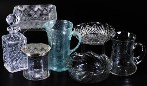 Various glassware, comprising a decanter with orb stopper, 25cm H, crackle glass jug, handkerchief vase, another of flared form, a square dish, lidded biscuit barrel and a water jug. (a quantity)