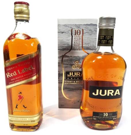 A bottle of Jura Original 10 year old whisky, 70cl, card packaging and a vintage bottle of Johnnie Walker red label. (2)