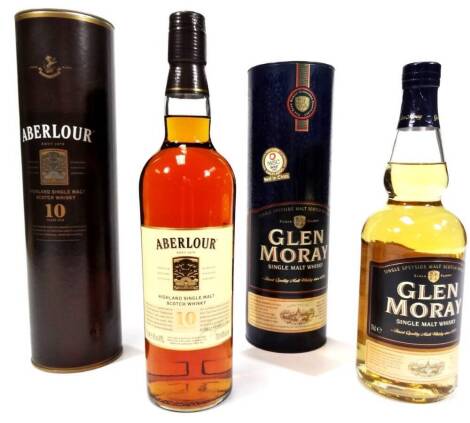 Various whisky, comprising a bottle of 10 year old Aberlour and Glen Moray Single Malt 70cl, in card tubes. (2)