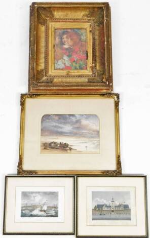 A J M (19thC School). Figures in a beached rowing boat with storm gathering, watercolour, initialled, 18cm x 28cm, two book plates and a print in elaborate gilt frame. (4)