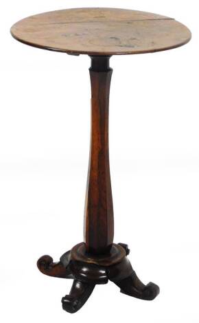 An early 19thC rosewood and mahogany occasional table, the circular top raised on a shaped stem terminating in a platform base with scroll feet, 66cm H, 40cm Dia.