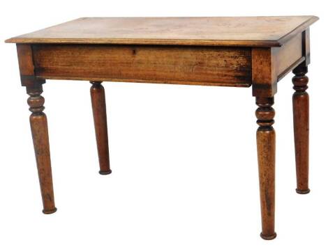 A 19thC mahogany side table, the rectangular top raised above turned legs, 68cm H, 99cm W, 49cm D.