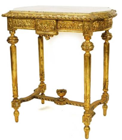 A Louis XVI style side table, of inverted form, with marble finish top and heavily carved frieze, on turned legs joined by an inverted H stretcher and centred by a floral urn, the whole raised on turned legs, 84cm H, 74cm W, 47cm D.