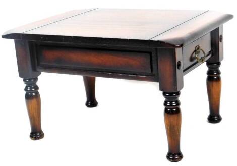 A 20thC polished coffee table, of rectangular form, with frieze drawer, on turned legs, 46cm H, 75cm W, 57cm D.