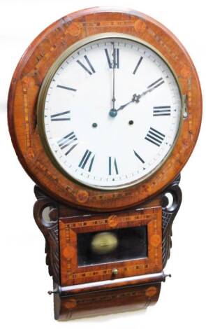 A 19thC walnut and inlaid American drop dial wall clock, with shaped part pierced scroll case, with visible pendulum, 29cm Dia. Roman numeric dial and 8-day movement striking on the hour, 62cm H.