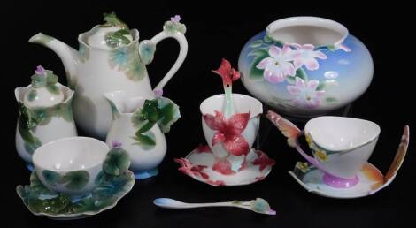 Various Franz part coffee ware, etc. to include a coffee service raised with frogs, comprising coffee pot, 20cm H, milk jug, lidded sugar bowl, cup, saucer and spoon with pierced lily pad handle, marked beneath, a similar designed dragonfly cup and sauce