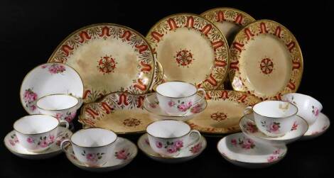 Various Royal Crown Derby and Derby china, comprising an early 19thC service, with shaped dishes and plates decorated with flowers in orange with gilt highlights, unmarked, but some numbered 514, etc. and a later Royal Crown Derby part service decorated w