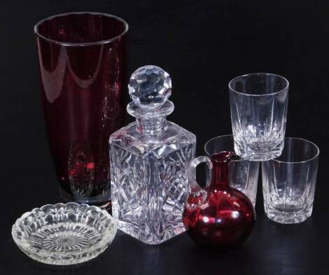 A 20thC cranberry and clear glass vase, of tapering circular form, partially ribbed, unmarked, 29cm H, a cut glass decanter of square form, various other drinking glasses, glassware, etc. (a quantity)