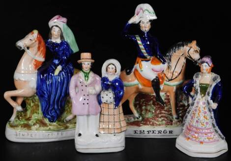 Various Staffordshire pottery flat back figures, comprising Emperor (Napoleon), polychrome decorated, formed as a figure on horseback, on naturalistic setting, predominately in blue, orange, black and green, titled to the front, 29cm H, Empress of France 