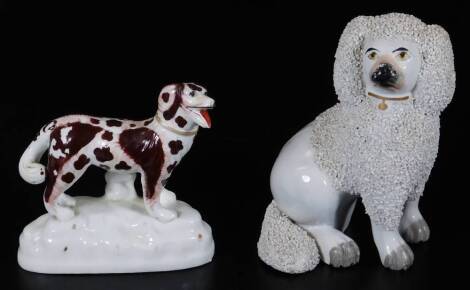 A 19thC Rockingham style porcelain figure, of a standing dog, in with red tongue, on a naturalistic base, impressed M beneath, 13cm H and a partial crumb coated poodle figure similar. (2)