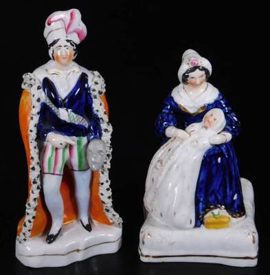 Various 19thC Staffordshire pottery figures, to include pastille cottage, polychrome decorated predominately in brown, pink and orange, 12cm H, a figure nursing child, a pair of miniature Staffordshire spaniels, figure holding mask, child spill group, fur - 2