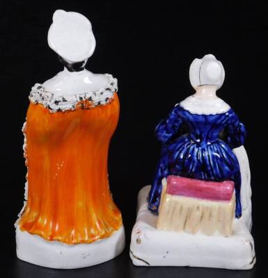 Various 19thC Staffordshire pottery figures, to include pastille cottage, polychrome decorated predominately in brown, pink and orange, 12cm H, a figure nursing child, a pair of miniature Staffordshire spaniels, figure holding mask, child spill group, fur - 3