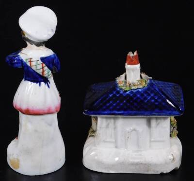 Various 19thC Staffordshire pottery figures, to include pastille cottage, polychrome decorated predominately in brown, pink and orange, 12cm H, a figure nursing child, a pair of miniature Staffordshire spaniels, figure holding mask, child spill group, fur - 15