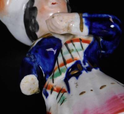 Various 19thC Staffordshire pottery figures, to include pastille cottage, polychrome decorated predominately in brown, pink and orange, 12cm H, a figure nursing child, a pair of miniature Staffordshire spaniels, figure holding mask, child spill group, fur - 17