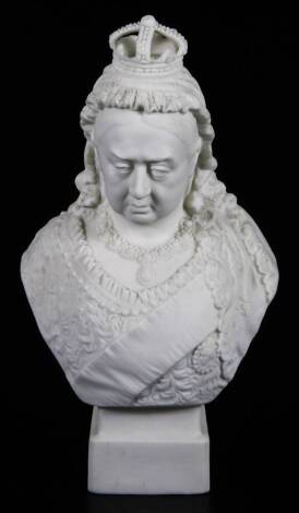 An R & L commemorative parian bust of Queen Victoria 1837-1897, on a rounded square plinth base, 19cm H.