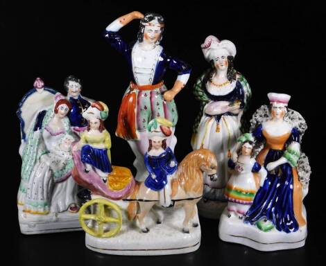 Various Staffordshire pottery, comprising a 19thC figure of a gentleman dancing, 29cm H, a lady aside child, figure of a lady holding bird, chariot group and Queen Victoria and Prince Albert, each polychrome decorated. (5)