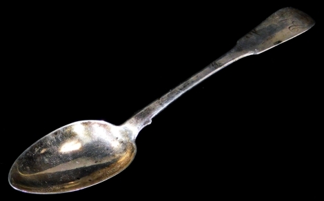 A 19thC Scottish provincial type spoon, fiddle pattern, with plain bowl, initialled, double thistle mark, probably Thomas Shannon, Dundee, 24cm W.