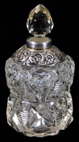 A Victorian silver and cut glass perfume bottle, with shaped acorn stopper, Birmingham 1892, 9cm H.