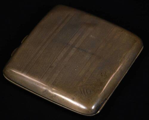 A George V silver cigarette case, of shaped square form, with rounded ends and thumb mould handles, partially engine turned with strap interior, Birmingham 1926, 9cm W, 2½oz.