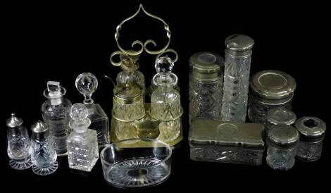 Various cut glass jars, needle jars, dressing table sets, etc. base metal bottle cruet set, 28cm H, part cruets, needle jar, etc. (a quantity)