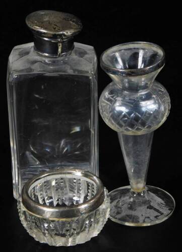 A dressing table jar, of shouldered square form, with silver lid, 14cm H, a cut glass salt with silver top and a vase of bellied form with silver collar. (3)