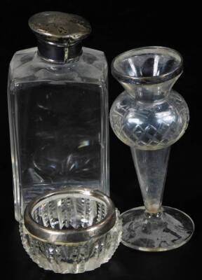 A dressing table jar, of shouldered square form, with silver lid, 14cm H, a cut glass salt with silver top and a vase of bellied form with silver collar. (3)