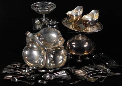 Various silver plated ware, flat ware, forks, fiddle pattern, 21cm W, etc., a shaped dish, floral dish, double serving sauce dish, pierced basket, egg cruet set, etc. (a quantity)