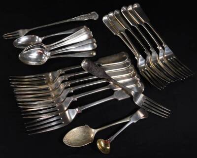 Various silver plated ware, flat ware, forks, fiddle pattern, 21cm W, etc., a shaped dish, floral dish, double serving sauce dish, pierced basket, egg cruet set, etc. (a quantity) - 2