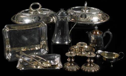 Various silver plated ware, dwarf candlesticks, preserve spoon, sauce boat, jug, entree dish, various other serving and entree dishes, chamber stick, etc. (a quantity various dimensions)