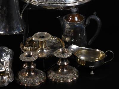 Various silver plated ware, dwarf candlesticks, preserve spoon, sauce boat, jug, entree dish, various other serving and entree dishes, chamber stick, etc. (a quantity various dimensions) - 2