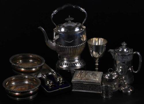 Various silver plated ware, silver, etc. a cased two piece cruet, 10cm H, 2½oz, a pair of old Sheffield plate coasters, an unmarked goblet, continental casket, spirit kettle on stand, various other wares, etc. (a quantity)