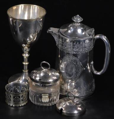 Various silver plated ware, silver, etc. a cased two piece cruet, 10cm H, 2½oz, a pair of old Sheffield plate coasters, an unmarked goblet, continental casket, spirit kettle on stand, various other wares, etc. (a quantity) - 2