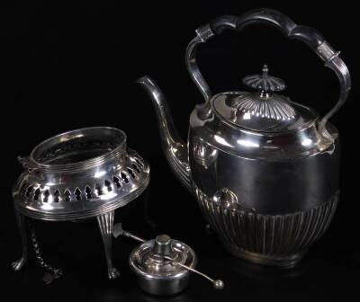 Various silver plated ware, silver, etc. a cased two piece cruet, 10cm H, 2½oz, a pair of old Sheffield plate coasters, an unmarked goblet, continental casket, spirit kettle on stand, various other wares, etc. (a quantity) - 4