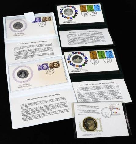 Various Royal Commemorative coins and cover sets, comprising a 1973 Royal Wedding Medallic First Day Cover sterling Silver Proof coin, (2), others for County Cricket 1873-1973, International Society of Post Masters sterling Silver Proof cover and another 