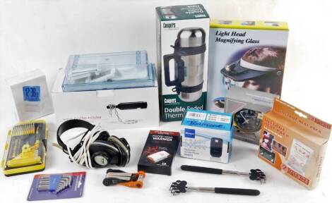 Various gadgets, electrical items, etc. back scratcher, light head magnifying glass, Koss K/40LC headphones, Westclocx alarm clock, wine bottle holder, double ended thermos flask, pocket hand warmer, heat packs, Binatone mobile phone, allen key sets, dri