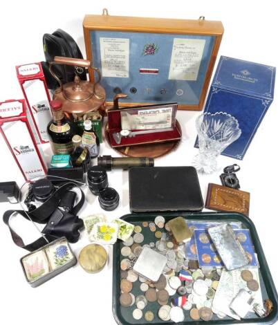 Various collectables, coins, etc. low denomination and bank notes, cigarette embroideries, copper kettle, 31cm H, Pentax ME Super camera with top con lens, various other camera accessories, alcohol, framed nursing council buttons, telescope, etc. (a quant