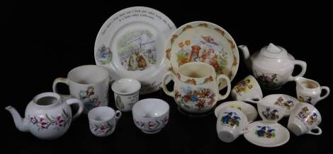 Various Bunnykins and child's tea services, miniature Bunnykins teapot, 10cm H, Place loving cup, part child's Noddy tea service, etc. (a quantity)