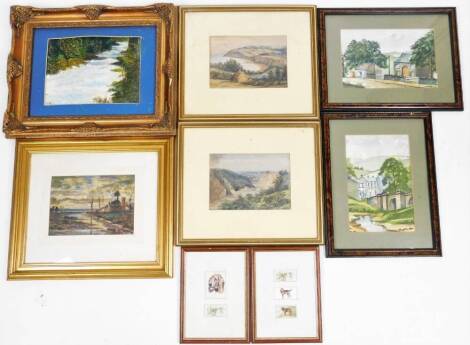 E J Ball (20thC). River landscape, oil on canvas, signed, 22cm x 29cm, various other watercolours, 19thC school landscape, watercolour of houses and trees, another by the same hand, two framed sets of cigarette cards, etc. (a quantity)