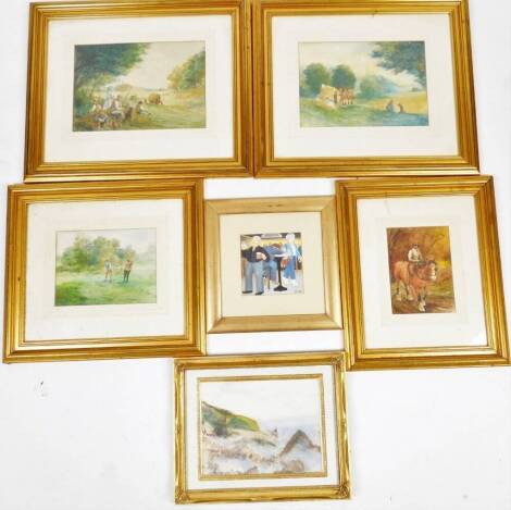 Various prints, pictures, watercolours, etc. Beryl Cook print, early 20thC school figures golfing, watercolour, unsigned, 19cm x 23cm, figures in a landscape, another gathering hay, etc. (a quantity)