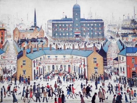 After Lowry. VE Celebrations, print, unsigned, 46cm x 59cm