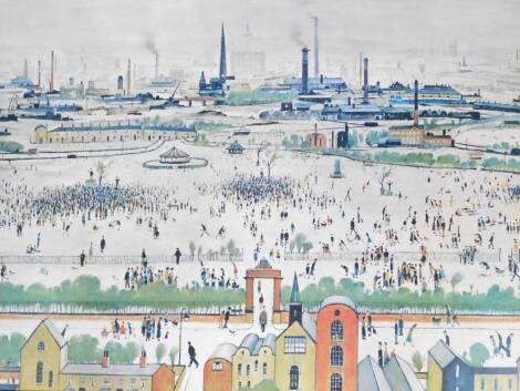 After Lowry. Industrial town scene with chimneys in the distance, print, unsigned, Tunley & Son label to the back, 53cm X 74cm.